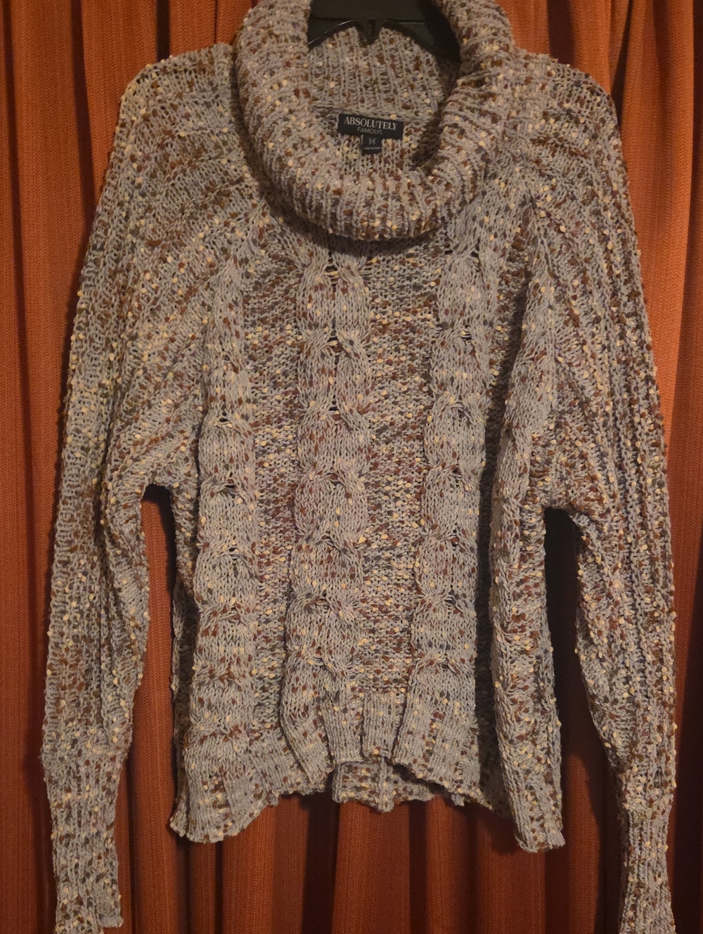 Absolutely Famous Speckled Cable Turtleneck Sweater - Light Gray with Tan Flecks